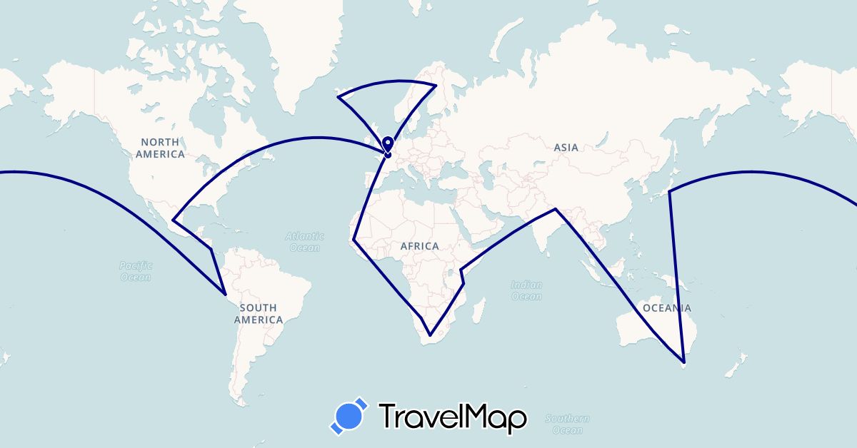 TravelMap itinerary: driving in Australia, Canada, Costa Rica, Finland, France, Indonesia, Iceland, Japan, Kenya, Mexico, Namibia, Nepal, Peru, Senegal, Tanzania, South Africa (Africa, Asia, Europe, North America, Oceania, South America)